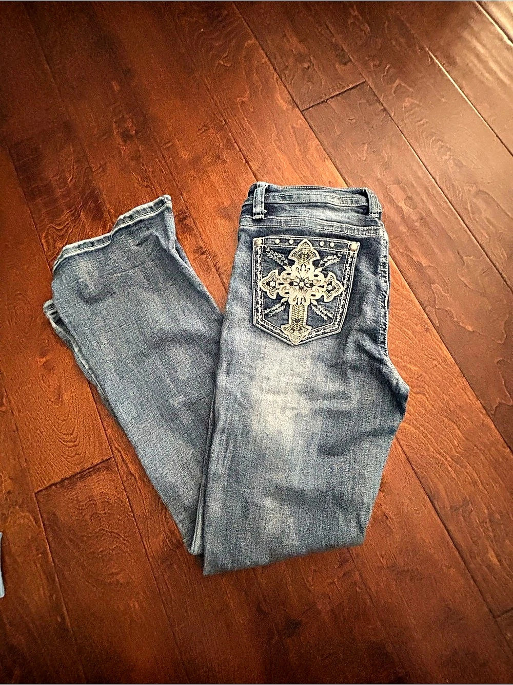 Fire & Rain Embellished Cross Pocket Flare Jeans Blue Waist 15